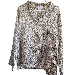 Personal Identity Intimates Leopard Print Satin Pajama Top Button Down Tan Brown